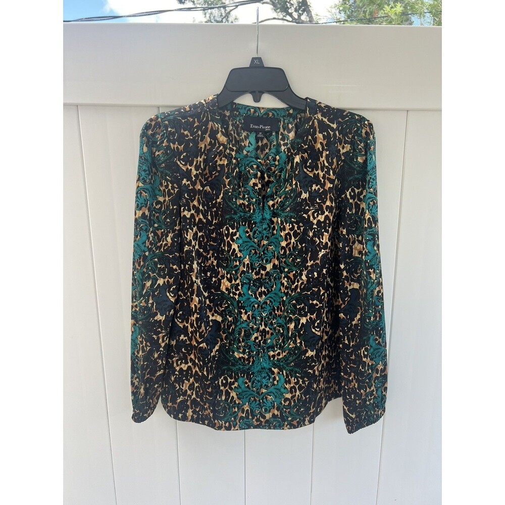 Evan-Picone Satin Feel Blouse Long Sleeve Abstract Womens Petite 6 Vintage